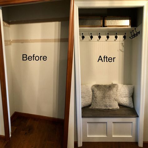 Half Closet Ideas, Entry Way Coat Closet Ideas, Front Foyer Ideas Entryway Closet, Closet Storage Entryway, Front Entryway Closet Makeover, Front Closet Transformation, Entryway Ideas Closet Entrance, Closet Turned Nook, Small Coat Closet Makeover Entryway