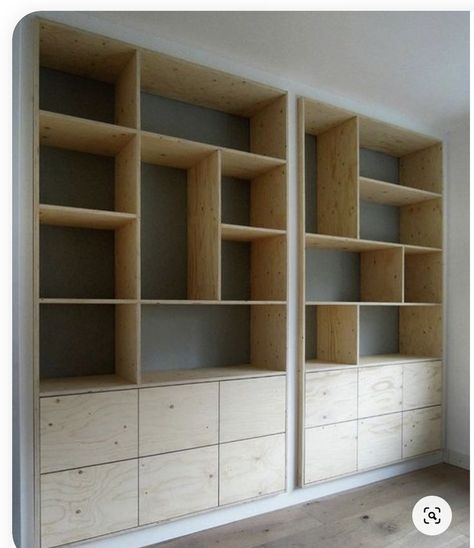 Plywood Shelves Wall, Plywood Wall Shelves, Plywood Library, Built In Wood Shelves, Two Tone Bookcase, Ply Shelving, Office Cupboard Design, Plywood Bookcase, Plywood Shelving