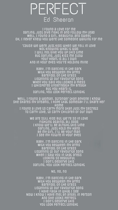 Music lyricsEd SheeranPerfect Lyrics Ed Sheeran, Perfect By Ed Sheeran, Ed Sheeran Perfect, Perfect Lyrics, Free Song Lyrics, Pop Song Lyrics, Ed Sheeran Lyrics, Korean Song Lyrics, Song Lyric Posters