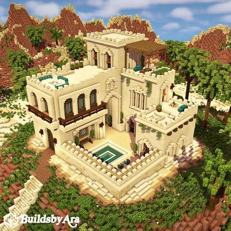 Minecraft Houses Sandstone, Minecraft Hacienda, Minecraft Sandstone Buildings, Sandstone House Minecraft, Minecraft Desert City, Minecraft Sandstone, Minecraft Desert Builds, Minecraft Desert House, Minecraft Oasis