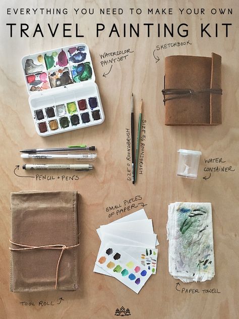 Travel Painting Kit Diy, Portable Painting Kit, Diy Travel Paint Kit, Water Colour Travel Journal, Travel Art Supplies, Travel Art Bag, Painting Set Up, Travel Painting Kit, Traveling Artist