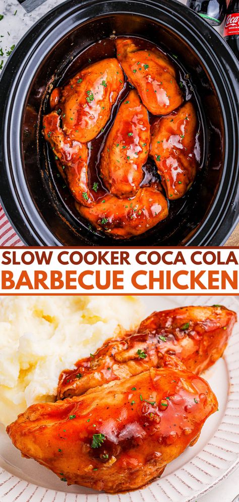 Slow Cooker Coca Cola Chicken - 🍗🙌🏻🎉 Saucy, juicy, sweet-yet-savory chicken that's so EASY and virtually work-free! Add just 6 ingredients to your Crockpot and let it do all the work! You'll be rewarded with chicken that's moist, tender, and an instant family FAVORITE! Leftover chicken is always handy to have on hand and great for meal prep, in wraps, or on sandwiches.'s so EASY and virtually work-free! Add just 6 ingredients to your Crockpot and let it do all the work! You'll be rewarded wi Slow Cooker Chicken Drumsticks, Coke Chicken, Coca Cola Chicken, Easy Chicken Recipes For Dinner, Cola Chicken, Barbecue Chicken Recipe, Instant Family, Averie Cooks, Easy Slow Cooker Chicken