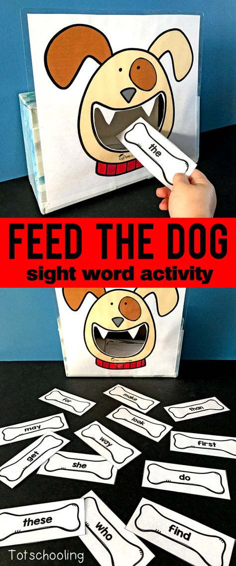 FREE sight word recognition activity for kids to read sight words while feeding bones to the dog. Fun and motivational literacy game for pre-k, kindergarten and first grade kids. Sight Word Activity, Word Games For Kids, Teaching Sight Words, Literacy Games, Kindergarten Games, Dog Fun, Sight Words Kindergarten, Sight Word Activities, Sight Word Games