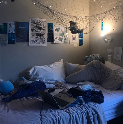 This is my room, tag me if u repost:)  #roominspo #aestheticroom #aesthetic #room #oceanroom #oceanroominspo #ocean #marinelife #marine #shark #fish #roomdecor Deep Ocean Themed Bedroom, Dark Nautical Aesthetic Room, Oceancore Bedroom, Ocean Room Theme, Fish Themed Bedroom, Sea Bedroom Aesthetic, Shark Room Aesthetic, Blue And Grey Room, Work Desk Bedroom