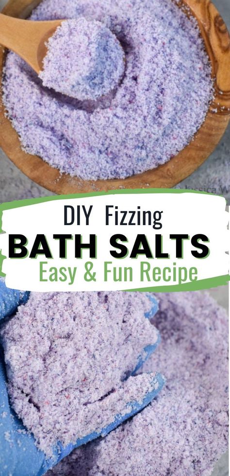 DIY Fizzing Bath Salts Recipe. These fizzy bath salts are similar to bath bombs, but much easier and less time-consuming to make. Bath Fizzies Diy, Diy Fizzy Bath Salts, Fizzy Bath Salts, Bath Salts Diy Recipes, Diy Bath Soak, Bath Soak Recipe, Bath Salts Recipe, Bath Salts Diy, Bath Fizz