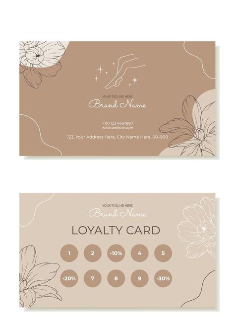 A rustic business and loyalty card template with plants in the outline. Suitable for beauty salons, hair removal masters, massage therapists. Vector Loyalty Cards Ideas Beauty Salons, Salon Cards Business Ideas, Beauty Loyalty Card Ideas, Massage Logo Design Ideas Business Cards, Massage Cards Ideas, Salon Loyalty Cards, Massage Business Card, Esthetics Business Cards, Loyalty Cards Ideas Business