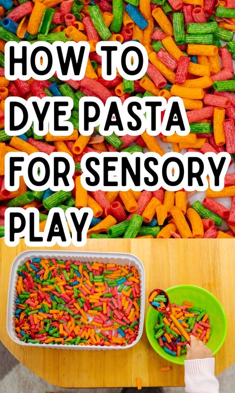 How To Dye Pasta For Craft And Sensory Play - In The Playroom How To Dye Pasta For Sensory Play, Coloured Pasta Sensory Play, Colored Noodles Crafts, Dye Pasta, How To Dye Noodles For Crafts, How To Dye Pasta, How To Color Pasta, How To Dye Noodles, Coloured Pasta