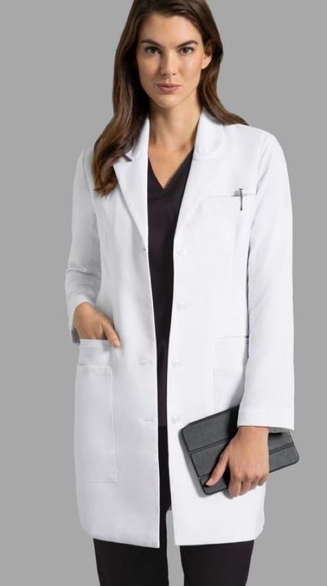 Doctor Work Outfit, Lab Coat Fashion, Doctor White Coat, Women's Lab Coats, Hospital Scrubs, Medical Scrubs Fashion, Scrubs Nursing Uniforms, Doctor Coat, Professional Headshots Women