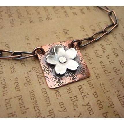 copper and silver flower pendant Riveted Jewelry, Rivet Jewelry, Silversmithing Jewelry, Copper Jewellery, Metalsmithing Jewelry, Soldering Jewelry, Silver Clay, Metal Clay Jewelry, Metal Smithing