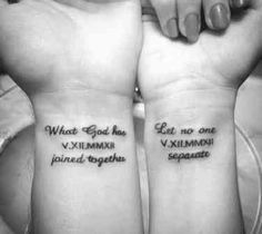 Roman Numeral Tattoos For Couples, True North Couple Tattoo, Spouse Tattoos Marriage, Wedding Date Tattoo Ideas, Husband And Wife Tattoos Unique, Husband Wife Tattoos, Marriage Tattoos, Him And Her Tattoos, Tattoos Unique Meaningful