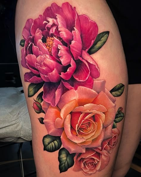 Outer Thigh Tattoo, Pink Peony Tattoo, Colorful Flower Tattoo, Peony Flower Tattoos, Realistic Flower Tattoo, Realistic Rose Tattoo, Mastectomy Tattoo, Outer Thigh, Peony Tattoo