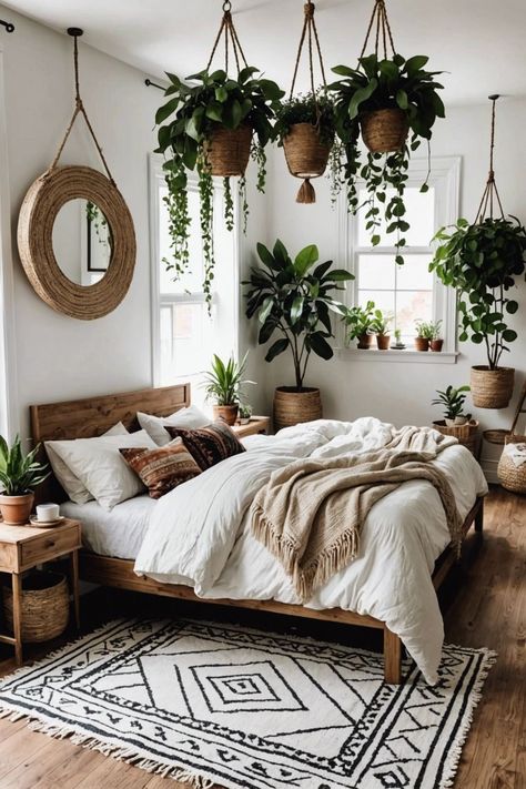 Boho Style Bedroom Decor, Bedroom With Plants, Boho Style Bedroom Ideas, Bedroom Plants Decor, Bohemian Bedroom Ideas, Plant Bedroom, Style Bedroom Ideas, Bohemian Bedrooms, Bedroom Board