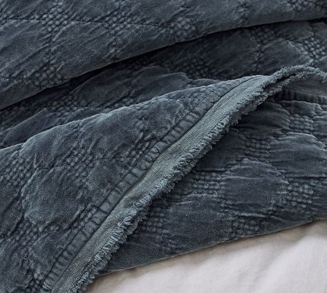 Velvet Lattice Quilt & Shams | Pottery Barn Pottery Barn Quilts, Lattice Quilt, Velvet Quilt, Velvet Bed, Quilted Sham, Quilted Coverlet, Barn Quilt, Blue Bedding, Linen Pillow Cases