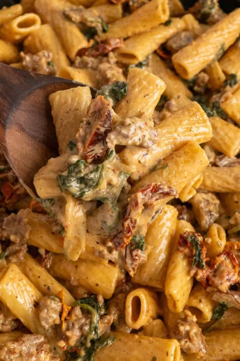 Creamy Tuscan Sausage Pasta Creamy Cajun Sausage Pasta, Pasta With Ground Sausage, Creamy Tuscan Sausage Pasta, Tuscan Sausage Pasta, Creamy Tuscan Pasta, Turkey Sausage Pasta, Sausage Pasta Dinner, Kielbasa Sausage Recipes, Italian Sausage Recipes Pasta