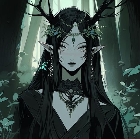 Dark Fairy Character Design, Fairy With Horns, Dark Elf Anime, Fantasy Pfp, Dark Elf Aesthetic, Dark Fae, Moon Elf, Anime Goth, Anime Elf