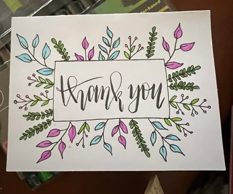 Hand Lettering Thank You Card, Thank You Doodle Card, Thank You Card Homemade Cute Ideas, Calligraphy Card Ideas, Hand Drawn Cards Simple, Watercolor Thank You Cards Diy Handmade, Hand Drawn Greeting Cards, Thank You Drawings Ideas, Thank You Card Handmade