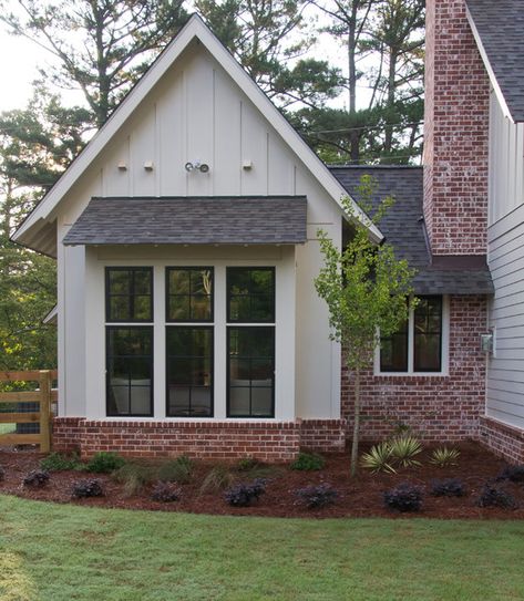 Longstreet - Farmhouse - Exterior - Atlanta - by New River Building Co. | Houzz Board And Batten Chimney Exterior, Brick Trim Exterior, Brick Wainscoting Exterior Farmhouse, Brick Skirting House Exterior, Bay Window Farmhouse, Brick And Siding Exterior Combinations, Timber Cottage, Brick Farmhouse Exterior, Brick And Siding Exterior