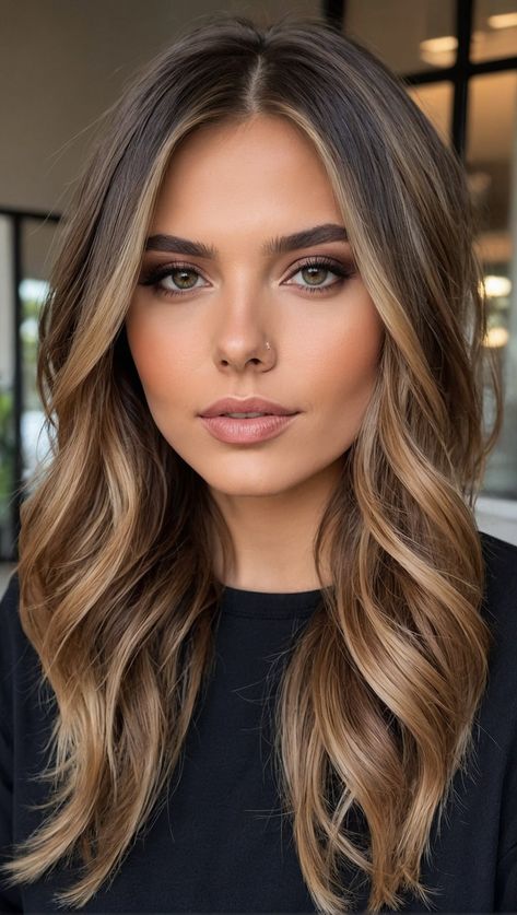 Long Layered Highlighted Brown Hair, Balayage For Thinning Hair, Summer 2024 Brunette Hair, Brunette Hair Summer 2024, Honey Brown Balayage Hair, Summer Hair 2024 Brunette, Spring Brunette Hair Color Balayage, Summer Hair Color Ideas 2024, Brunette Summer Hair Color 2024