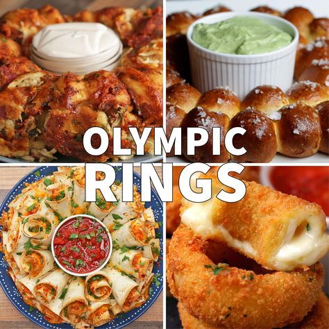 Theme Dinner Ideas, Cool Appetizers, Olympic Snacks, Ring Recipes, Bacon Wrapped Burger, Garlic Knot, Bread Ring, Olympic Theme, Dog Bread