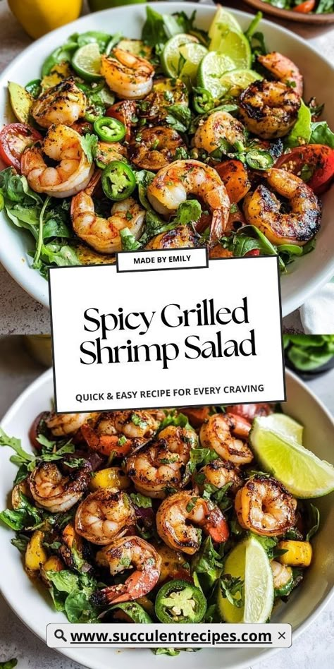 A fresh and fiery treat, this Grilled Shrimp Salad with Jalapeño Lime Dressing combines bold flavors and crunchy vegetables for the ultimate salad experience. Grilled Salad Recipes, Salad With Grilled Shrimp, Spicy Shrimp Salad, Salad Party, Grilled Shrimp Salad, Ultimate Salad, Spicy Dressing, Spicy Grilled Shrimp, Shrimp Pasta Salad