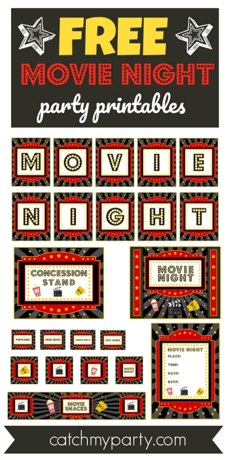 If you love going to the movies and are planning a movie night party, then these FREE movie night printables are just what you need to create some movie theatre magic! Imagine the fun you and your guests could have lounging around on some comfy poufs and watching a fun movie. So, get the popcorn ready. The movie is about to start! See more party ideas and share yours at CatchMyParty.com #catchmyparty #partyideas #movienightparty #freemovienightprintables #movienightpartydecorations Movie Theatre Birthday Party, Movie Night Party Decorations, Movie Night Poster, Movie Night Printables, Movie Theater Party, Birthday Movie Night, Diy Movie Night, Movie Theme Birthday Party, Birthday Movie