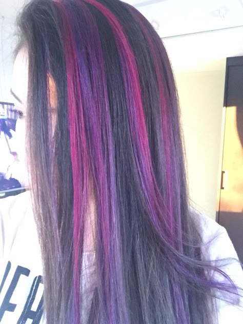 Black Hair With Pink And Purple Streaks, Pink And Purple Highlights On Black Hair, Pink And Purple Skunk Stripe Hair, Black Pink And Purple Hair, Twilight Sparkle Hair Dye, Purple Stripes Hair, Pink And Purple Streaks, Pink And Purple Hair Highlights, Purple Skunk Stripe Hair