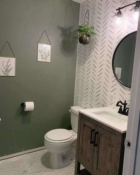 Embarking on a DIY half bathroom remodel can be both exciting and daunting, especially when dealing with smaller spaces. Thankfully, we have some tips and ideas to help you succeed with your remodeling project! #bathroom #diy #halfbathroom Herringbone Stencil, Paint Bathroom, Half Bathroom Remodel, Half Bathroom Decor, Bathroom Accent Wall, Wall Stencil, Downstairs Bathroom, Bathroom Reno, Bathroom Inspiration Decor