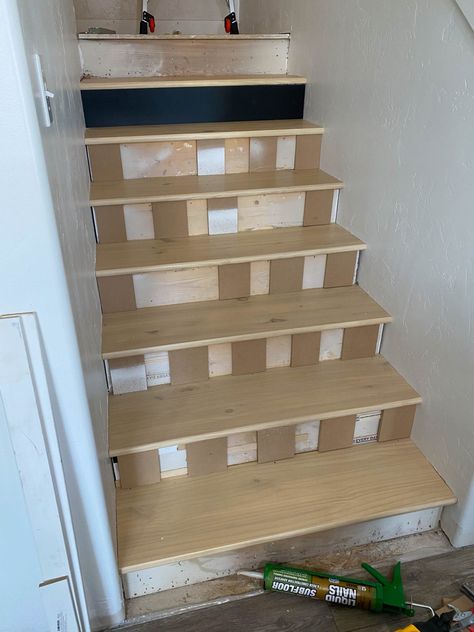 Revamp Your Stair Treads and Risers with These Pro Tips - How We Do Particle Board Stairs Makeover, Install Stair Treads, Covering Cement Steps With Wood, Diy Stair Risers, Staircase Diy, Diy Stair Treads Cheap, Diy Stair Treads, How To Make Stairs, Vinyl Stair Treads