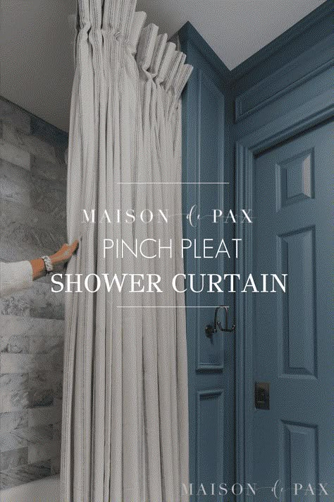 Find out how to hang drapes as double shower curtains for an easy and elegant look in your bathroom! Curtains Shower Ideas, Bathroom Inspo With Shower Curtain, Guest Bath Shower Curtain, Double Curtain Shower Ideas, How To Style Shower Curtains, Drapes For Shower Curtains, Drapes As Shower Curtain, Ceiling Shower Curtain Ideas, Curtains For Shower Curtain Ideas