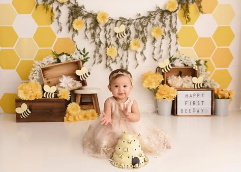 Honey Bee Photography Backdrop Yellow Floral Flowers | Etsy Bee Themed Smash Cake Photos, Bee Theme Photoshoot, Bee Cake Smash Photoshoot, Bee First Birthday Photoshoot, 1st Bee Day Photoshoot, Bumble Bee Smash Cake, Bee Cake Smash, Bee Photoshoot, Honey Bee Photography