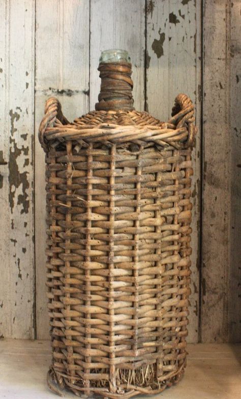 ♔ Vintage French wicker demi john Old Wicker, French Basket, Love Baskets, Yellow Basket, Antique Wicker, Old Baskets, Vintage Basket, Basket Vintage, Basket Case