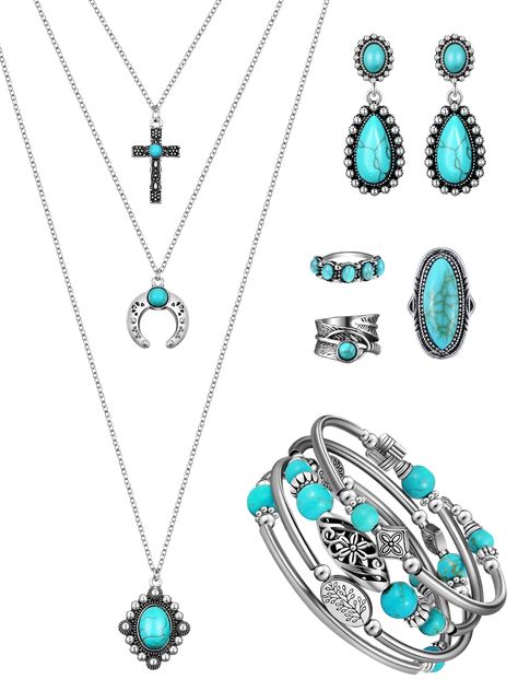 PRICES MAY VARY. Trusted Material: our western jewelry for women is made of quality alloy, turquoise and faux leather, friendly to your skin, solid and lightweight, sturdy and not easy to break, deform or fade, can be applied for a long time, will not bring much burden to you Turquoise Design: this turquoise jewelry set features exquisite workmanship, is designed with turquoise and classic colors, elegant and full of western atmosphere, making you look more stylish Package Included: the package Western Jewelry Necklace Turquoise, Layered Bracelets Boho, Western Turquoise Jewelry, Western Jewelry Necklace, Turquoise Jewelry Western, Long Turquoise Necklace, Vintage Turquoise Jewelry, Boho Choker Necklace, Turquoise Jewelry Set