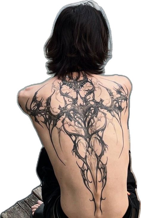 Shatter Tattoo Ideas, Snakes On Back Tattoo, Skeletal Back Tattoo, Large Back Piece Tattoo Women, Back Tattoos Cybersigilism, Scary Back Tattoos, Back Tattoos Nature, Cyberciligism Tattoo Back, Neotribal Back Tattoo