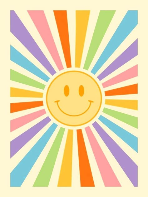 Smiley Sun, Retro Smiley Face, Calming Corner, Sun Wall Art, Retro Sun, Posca Art, Living Room Nursery, Wall Art Retro, Preppy Wallpaper