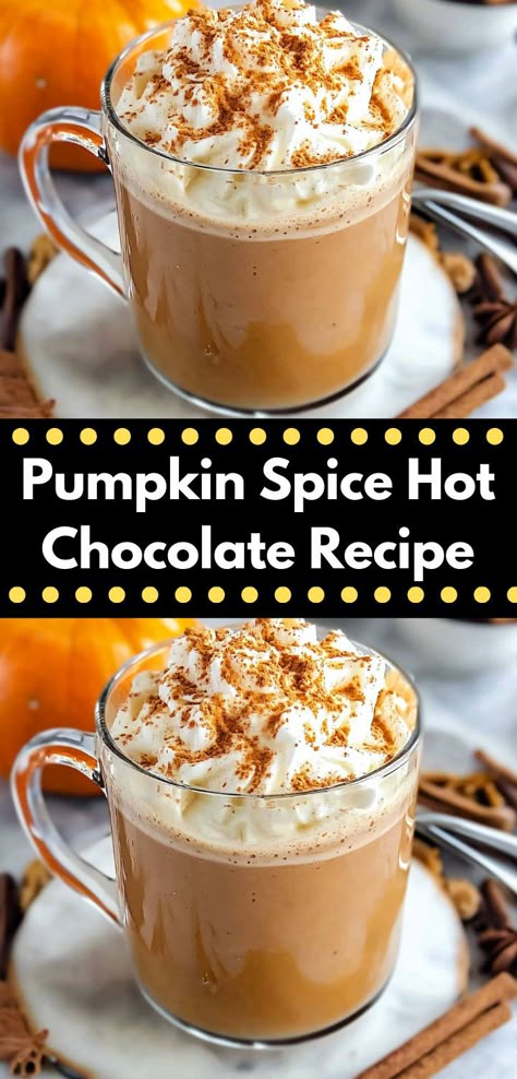 Craving a cozy drink? Try this Pumpkin Spice Hot Chocolate Recipe! It's a delightful twist on classic hot chocolate recipes, perfect for pumpkin recipes lovers. Enjoy it as a sweet treat with dinner ideas or lunch recipes. Pumpkin Spice Hot Chocolate Recipe, Pumpkin Drink Recipes, Unique Hot Chocolate, Fall Hot Chocolate, Pumpkin Spice Hot Chocolate, Spice Hot Chocolate, Warm Drinks Recipes, Classic Hot Chocolate, Favorite Dinner Recipes