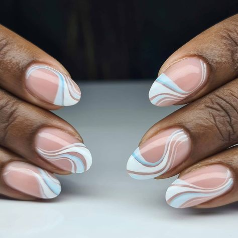 Gel Nail Swirls, Short Nails Squiggly Lines, Nail Swirl Designs Simple, Almond Nails Swirl Design White, Natural Nail Swirl Design, White Swirl Nails, Swiggly Lines Nail, Swirly Nail Designs, Swirl Nail Art