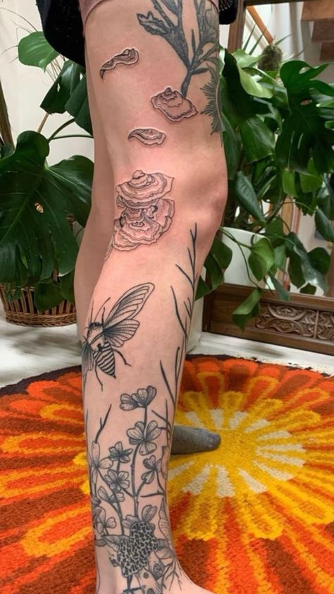 Nature Tattoo Sleeve Patchwork, Nature Aesthetic Tattoo Sleeve, Shin Tattoo Sleeve, Calf Plant Tattoo, Botanical Knee Wrap Tattoo, Full Floral Leg Sleeve Tattoo, Nature Themed Leg Sleeve Tattoo, Plant And Bug Tattoo Sleeve, Patchwork Tattoo Ideas Nature