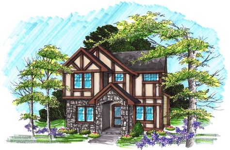 Front Elevation Tudor House Plans, Stucco Siding, British Houses, German Houses, European House Plans, Sims 4 House Plans, Sims Inspiration, Tudor Style Homes, Plans Architecture