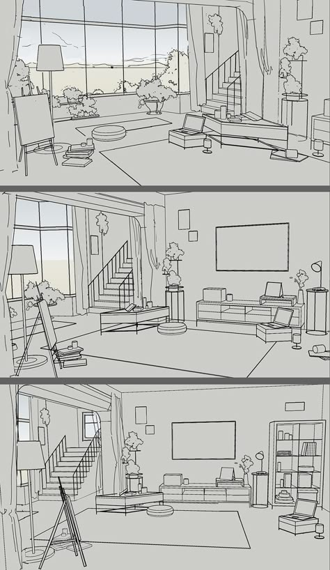 Room Background Drawing Reference, Interior Design Drawing Tutorial, Perspective Drawing Reference Room, Comic Interior Design, Rooms In Perspective, How To Draw Perspective Room, Draw Room Perspective, Drawing A Room In Perspective, Anime Background Drawing Reference