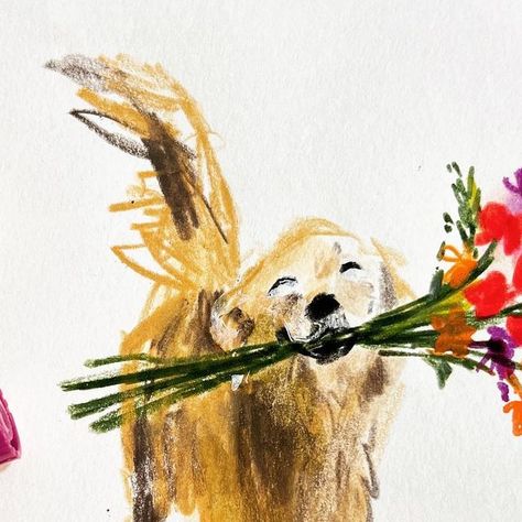 Jenny Bloomfield on Instagram: "Day 3419: dogs and flowers in my sketchbook #drawingaday #drawingadaychallenge #illustration #dailysketch #dogsofinstagram #dogsandflowers #sketchbook #drawingdogs #goldenretriever #dachshund #labradoodle" Cute Dog With Flowers, Drawings Of Random Things, Art To Give As A Gift, Dog Flower Drawing, Cool Dog Illustration, Cute Dog Painting, Dog And Owner Drawing, Art Things To Do, Dog House Illustration