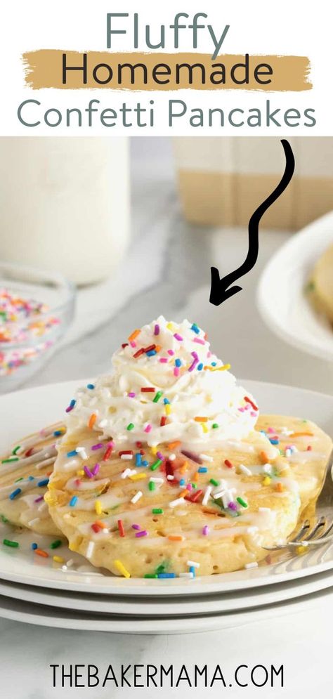 Fluffy homemade confetti pancakes are filled with colorful sprinkles then topped with a simple icing, whipped topping and even more sprinkles. These Confetti Pancakes are perfect for making any breakfast a celebration! Celebrate a special day or make an ordinary Saturday morning extraordinary with these fun and delicious Confetti Pancakes. Fluffy pancakes made with colorful rainbow sprinkles throughout, topped with ribbons of simple icing, whipped topping and even more sprinkles.