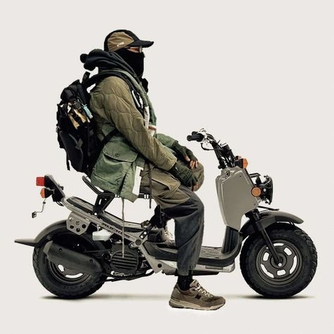 Techwear Backpack, Motor Bicycle, Honda Zoomer, Honda Ruckus, Image Moto, Мотоциклы Cafe Racers, Urban Survival, Motorcycle Style, Motorcycle Design