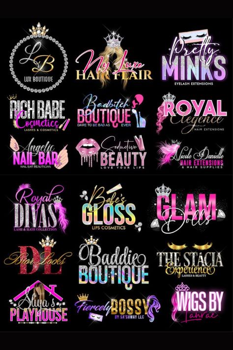 GET THE BEST feminine lip gloss,hair,nails,eyelashes,fashion,boutique, beauty logo design from here. Eyelashes Logo, Boutique Nails, Lip Logo, Hair Salon Logos, Feminine Brand, Eyelash Logo, Spa Logo, Glitter Logo, Salon Nails