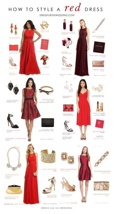 Accessories and styling ideas for a red dress or red outfit. Tips for How to Accessorize red dresses for special occasions.  #reddress #fashionideas #outfitideas #weddingideas  #redoutfits Outfit Vestido Rojo, Simple Red Dress, Red Dress Accessories, Neon Prom Dresses, Red Formal Dresses, Sparkly Prom Dress, Below The Knee Dresses, Strapless Prom Dress, 파티 드레스