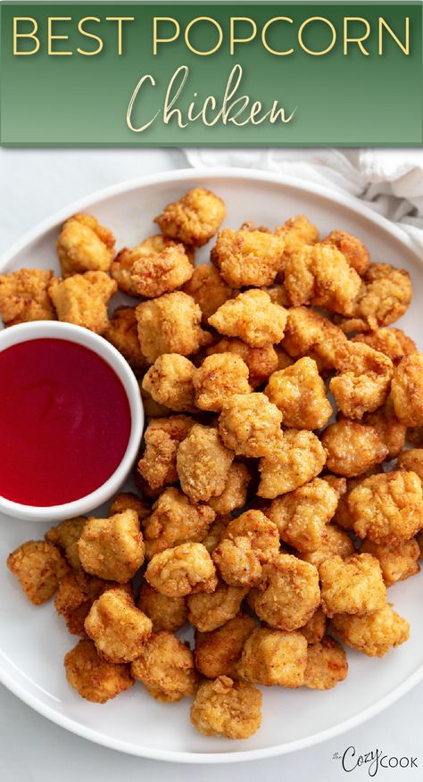 popcorn chicken with a red dipping sauce Chicken Popcorn, Popcorn Chicken Recipe, Homemade Popcorn, Best Popcorn, Popcorn Chicken, Kid Friendly Dinner, Delicious Chicken, Chicken Dishes Recipes, Dinner Idea