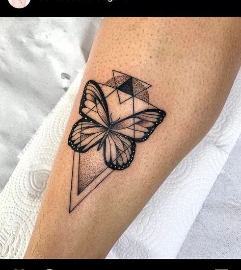 Butterfly Triangle Tattoo, Geometric Butterfly Tattoo, Mandala Compass Tattoo, Mandala Compass, Geometric Butterfly, Calf Tattoo, Body Modification, Body Modifications, New Tattoo