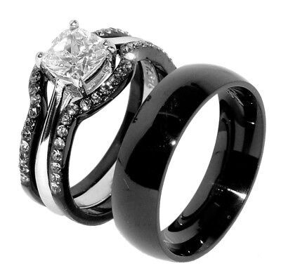 His & Hers 4 PCS Black IP Stainless Steel Wedding Ring Set Mens Matching Band | eBay Mafia Wedding, Amazing Wedding Rings, Princess Wedding Rings, Wedding Set Rings, Wedding Bands For Him, Gold Stacking Rings, Matching Wedding Rings, Wedding Ring Ideas, Set Rings