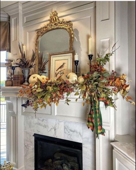 The Cottage Maven | Mantle love if I were going all the way for Fall | Facebook How To Decorate A Mantel For Fall, Formal Mantle Decor, Fall Fireplaces, Fireplace Fall Decorating Ideas, Chimney Mantel, Bed Rooms Ideas Master, Bed Rooms Ideas, Fireplace Fall Decor, Mantle Decorating Ideas