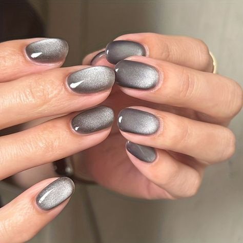 Gray Cats Eye Nails, Grey Cat Eye Nails Design, Sparkly Cat Eye Nails, Grey Cateye Nail, Gunmetal Grey Nails, Light Gray Chrome Nails, Silver Cateye Nail, Gray Cat Eye Nails, Dark Grey Chrome Nails