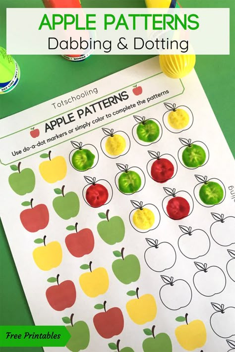 FREE printable Apple themed coloring activity for preschool and kindergarten kids. Use dot markers or any kind of coloring utensils to complete the apple patterns! Great math activity for Back to School or Fall! Preschool Apples, Preschool Apple Theme, September Preschool, Apple Week, Apple Lessons, Apple Preschool, Apple Unit, Fall Preschool Activities, Preschool Fall